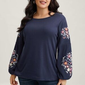 BloomChic Navy Blue Sweatshirt with Floral Embroidery
